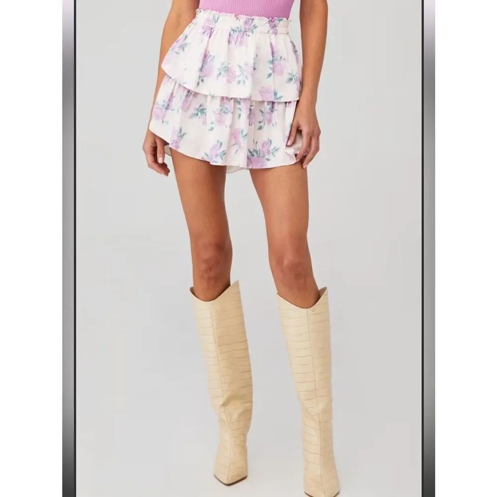 LoveShackFancy Women's Ruffle Floral Mini Skirt in Mauve Rose Size XS